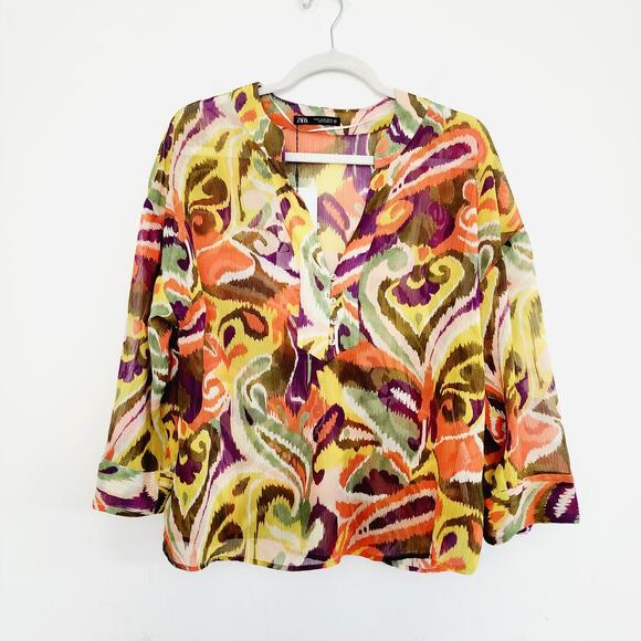 Zara Oversized Colorful V-Neck Long Sleeve Semi-Sheer Top Size XS Yellow Purple - Picture 4 of 9